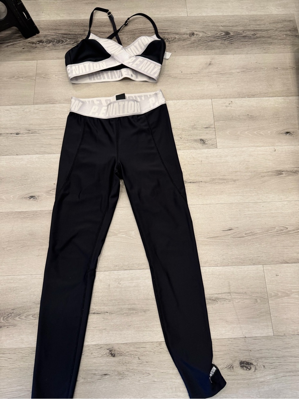 P.E Nation Black High-Rise Leggings with White Branded Waistband & Matching Bra